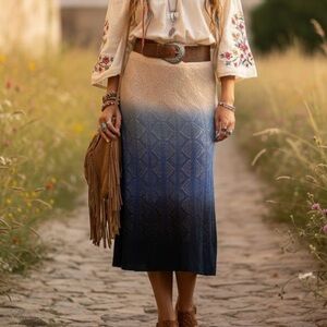 NIC + ZOE Ombre Blue Beige Maxi Knit Skirt Crochet Midi Boho Cottagecore Hippie